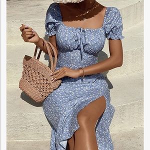 Floerns Blue Cottagecore Puff Sleeve Midi Dress